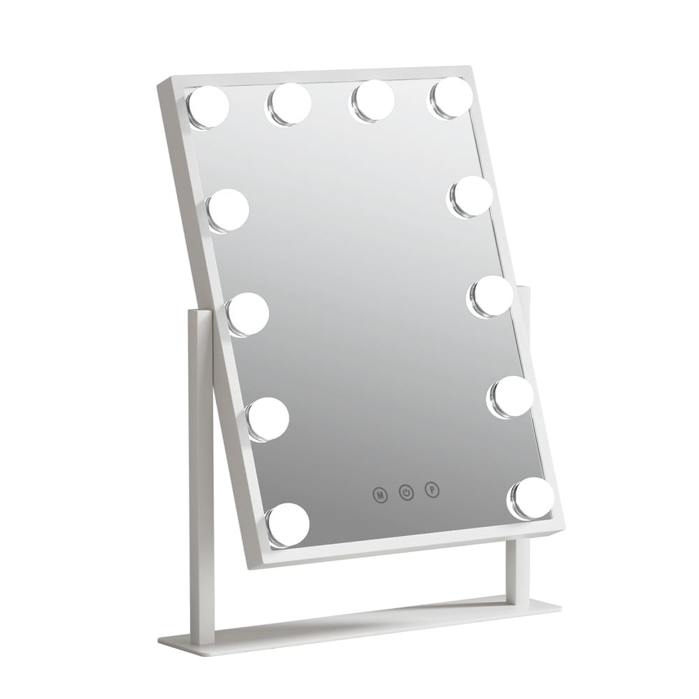 Freestanding tabletop vanity mirror with white LED bulbs and a sturdy base support.