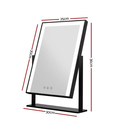 Black rotating LED makeup mirror on stand, shown in angled side view