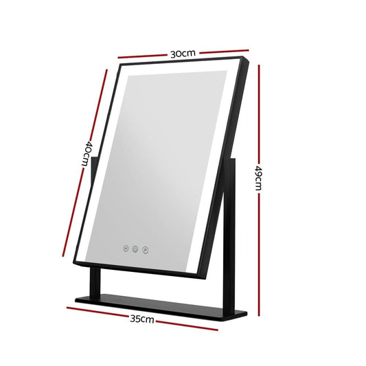Black LED makeup mirror on base, tilted, with size measurement lines
