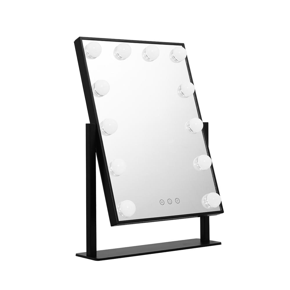 LED makeup vanity mirror with round bulbs, dark frame, tabletop stand, front view