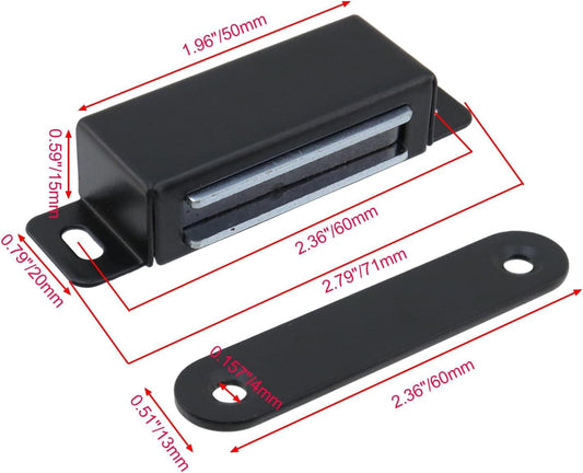 Black magnetic cabinet door catch with two mounting plates and size measurements