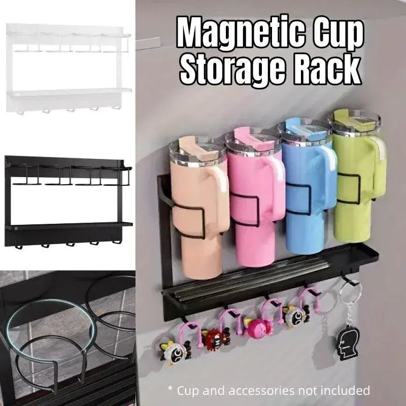 Magnetic cup storage rack with multiple holders and accessory hooks on wall