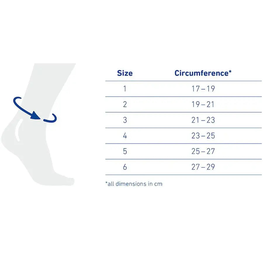 Size chart for ankle support: circumference 17–29 cm, sizes 1–6