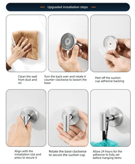 Suction cup hook upgrade installation steps showing aligning and securing the cup