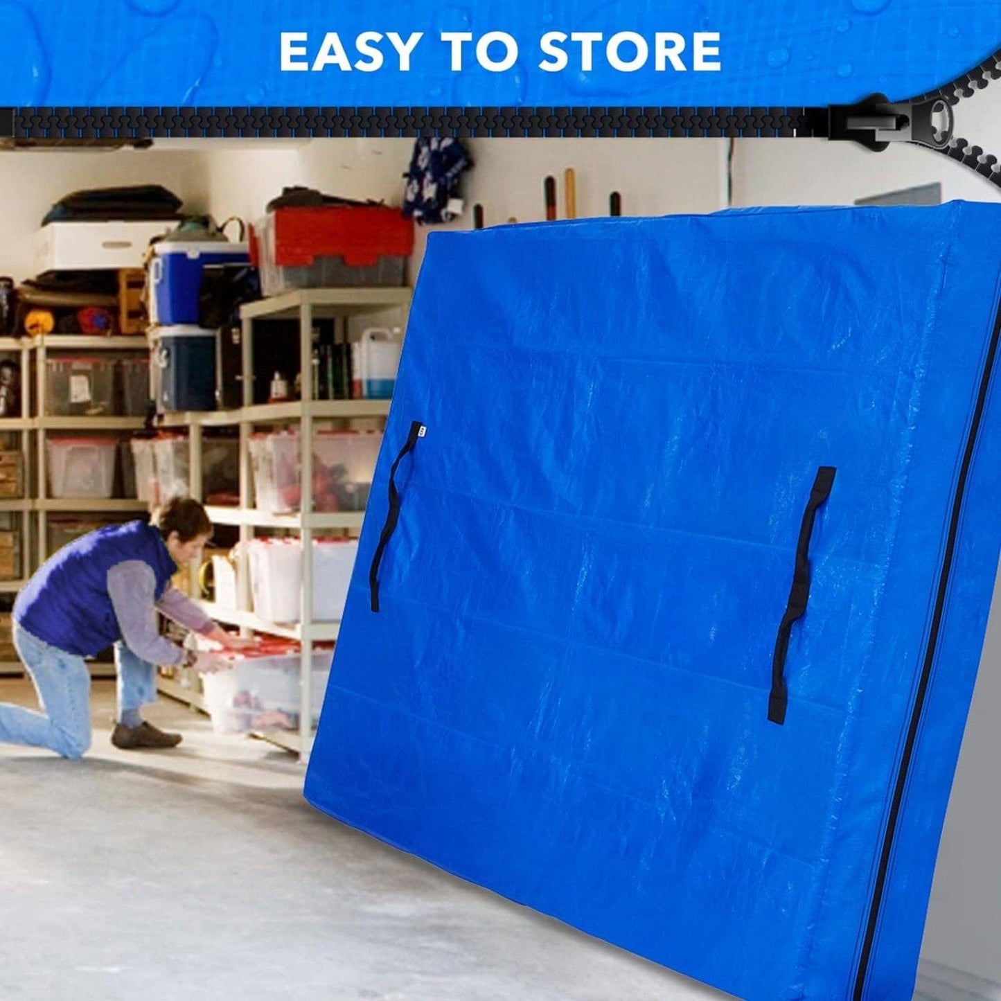 Blue waterproof mattress storage bag with zipper and two handle straps