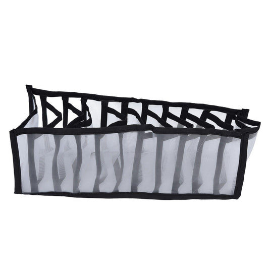 Mesh storage drawer organizer with black frame and open top, translucent striped side panel