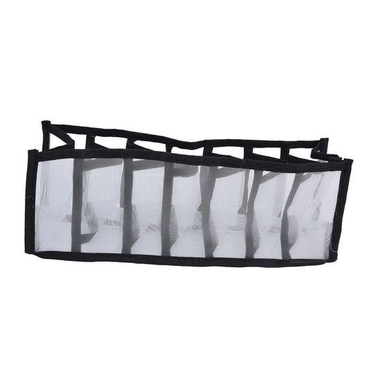 7-cell foldable mesh storage drawer divider with black trim, front view of compartments.