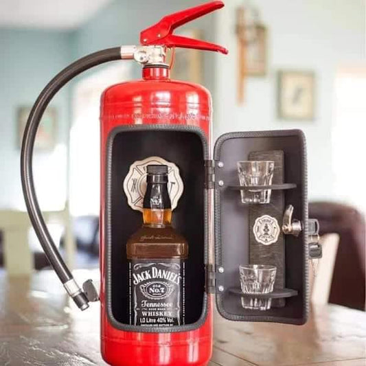 Red metal fire extinguisher wine storage wall decor with 2 glass cups