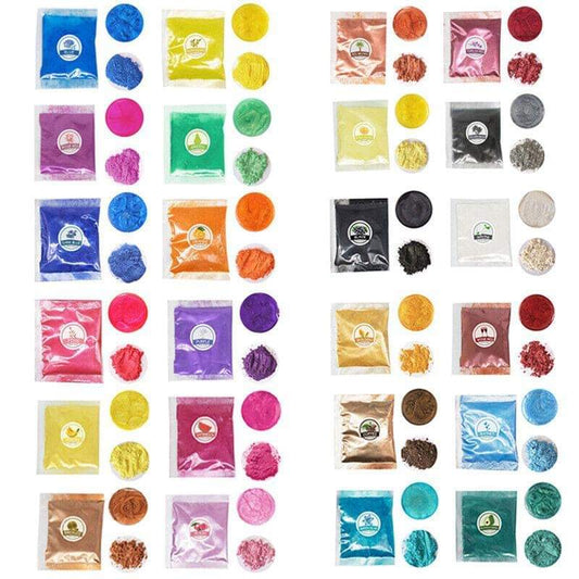 Pearl pigment powder assortment in sealed packets with assorted iridescent powders
