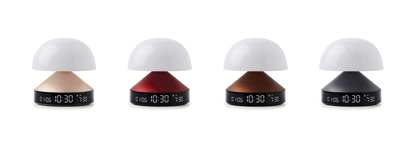 Set of sunrise alarm clocks with white domes and black digital time displays