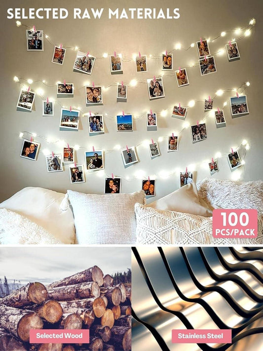 Pink mini clothespins hanging photo prints on a twine string