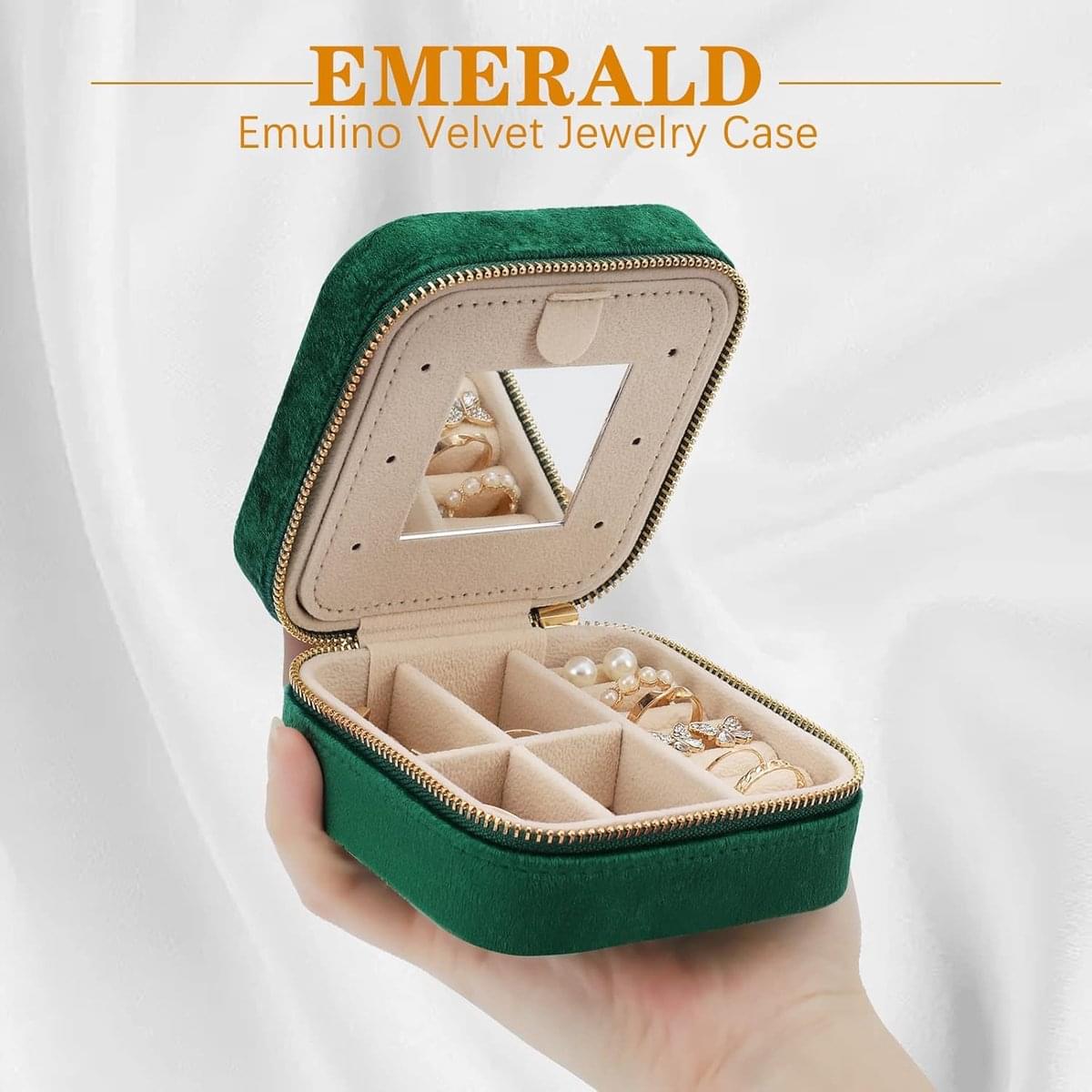 Green mini jewelry box with mirror window, padded ring compartments, zippered closure
