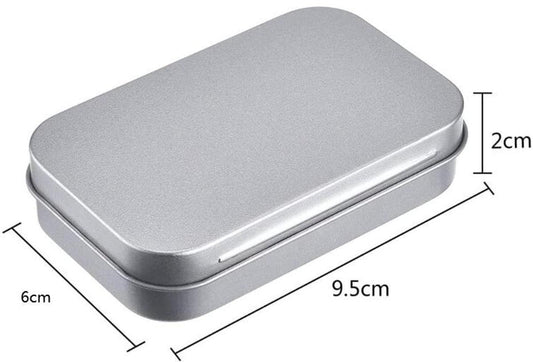 Rectangular metal storage tin with hinged lid closed, silver finish