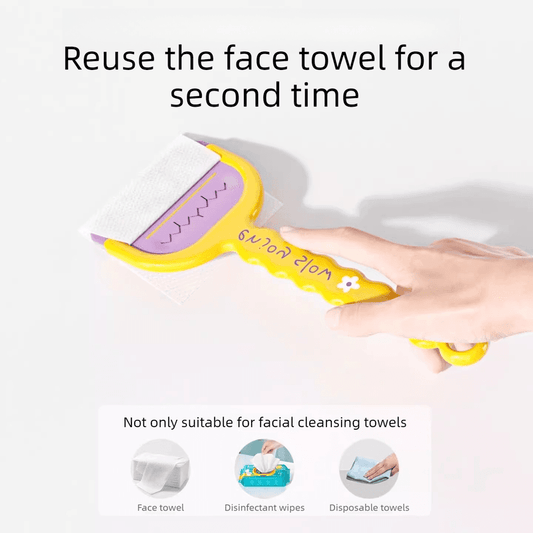 Yellow handle cleaning scraper with purple grip and flexible edge brush head