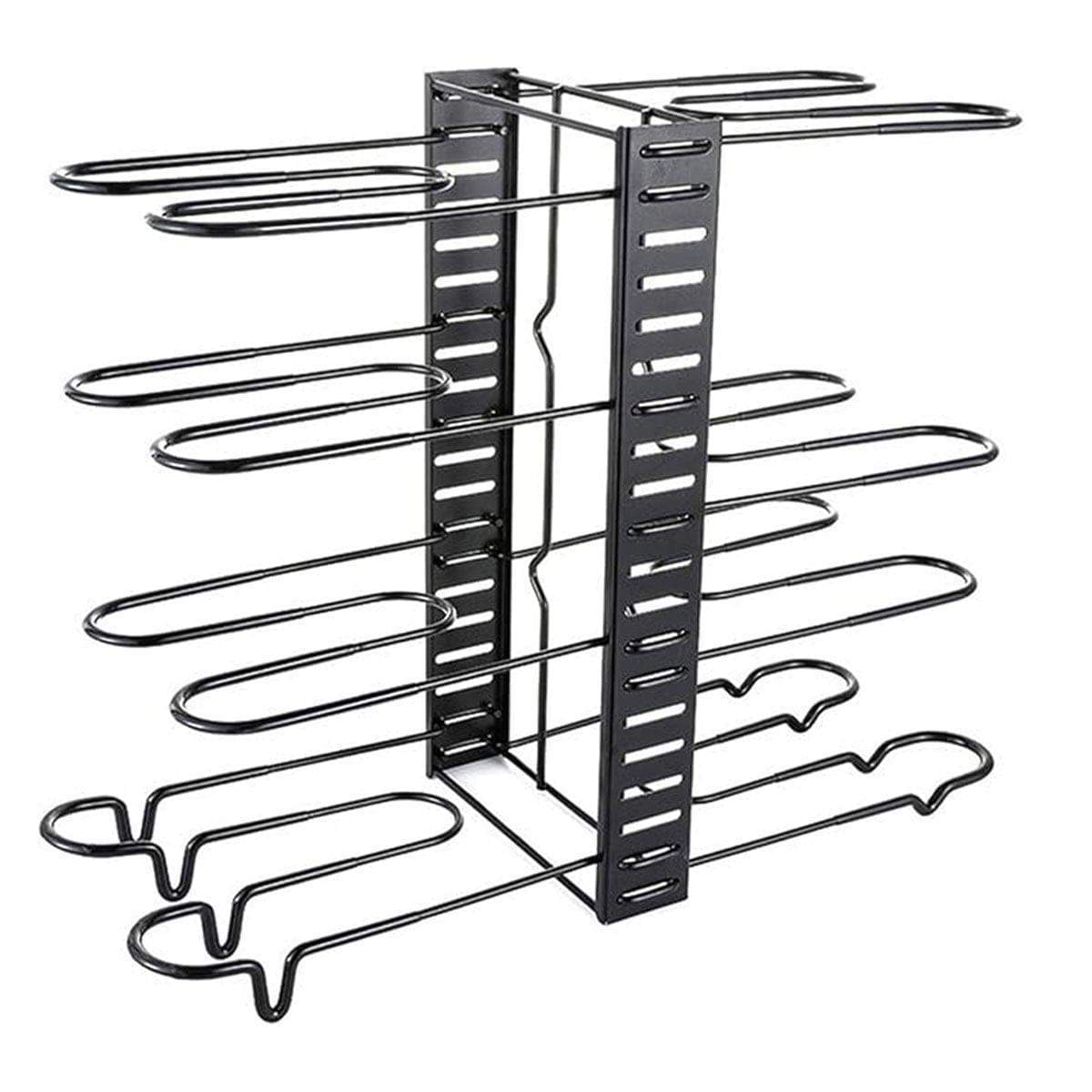 Vertical pot lid rack with black frame and multiple curved metal prongs