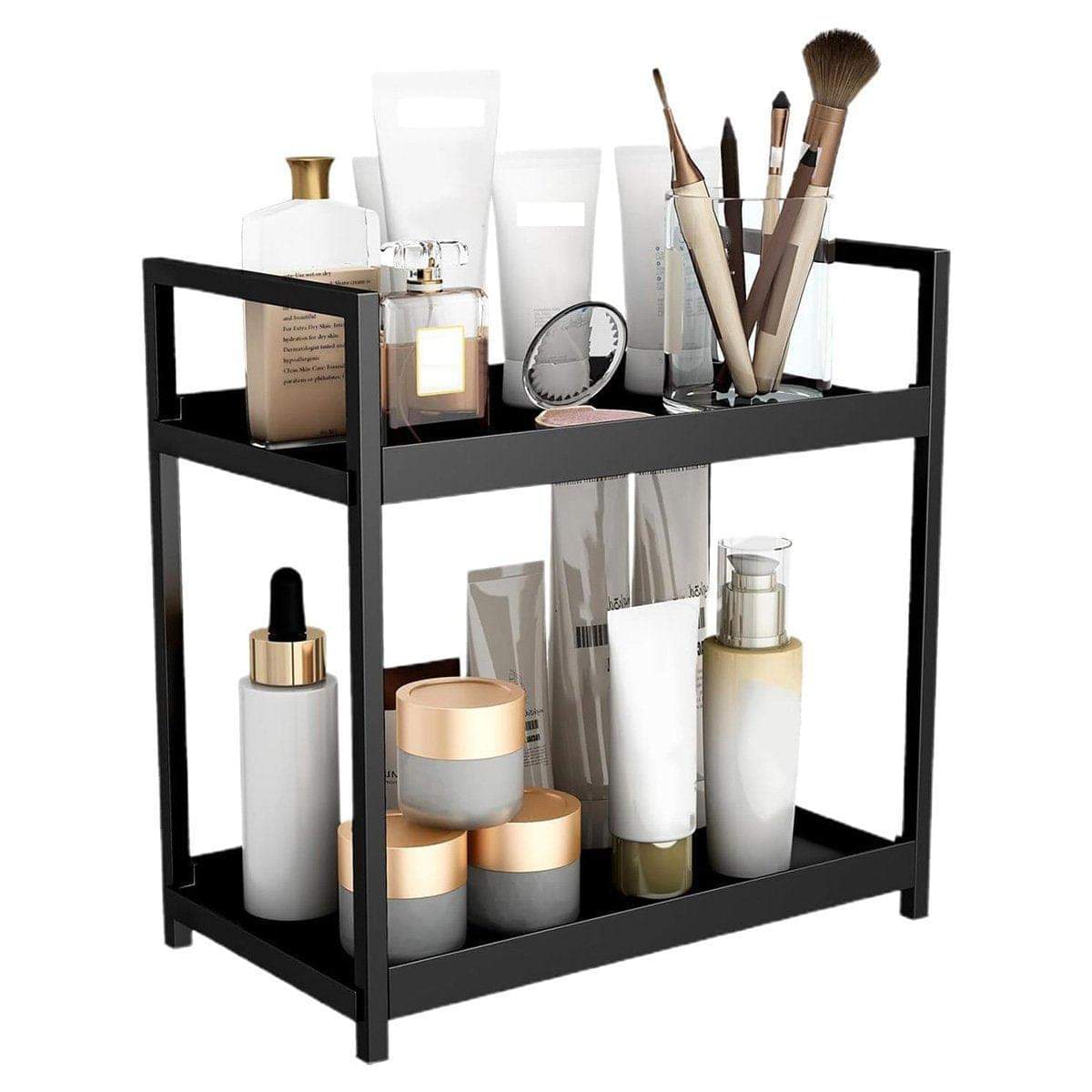 Two-tier desktop cosmetic storage rack with black frame, organized skincare containers