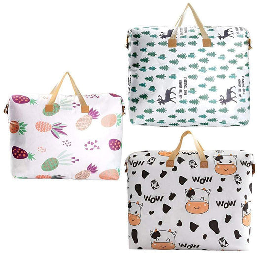 Quilt storage bags in three prints: cow faces, forest icons, and fruit flowers