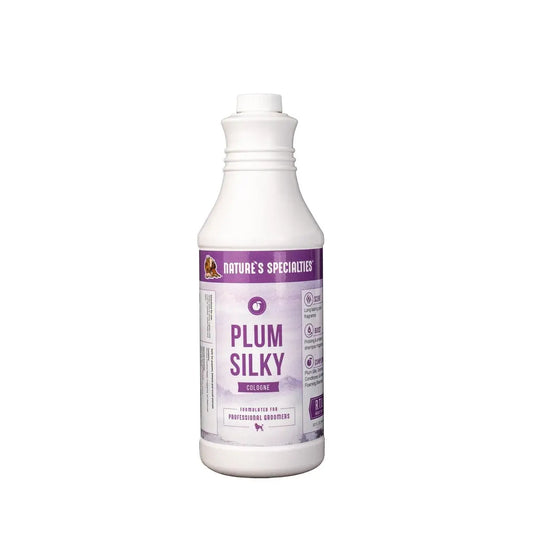 Nature's Specialties Plum Silky cologne bottle with spray cap, white and purple