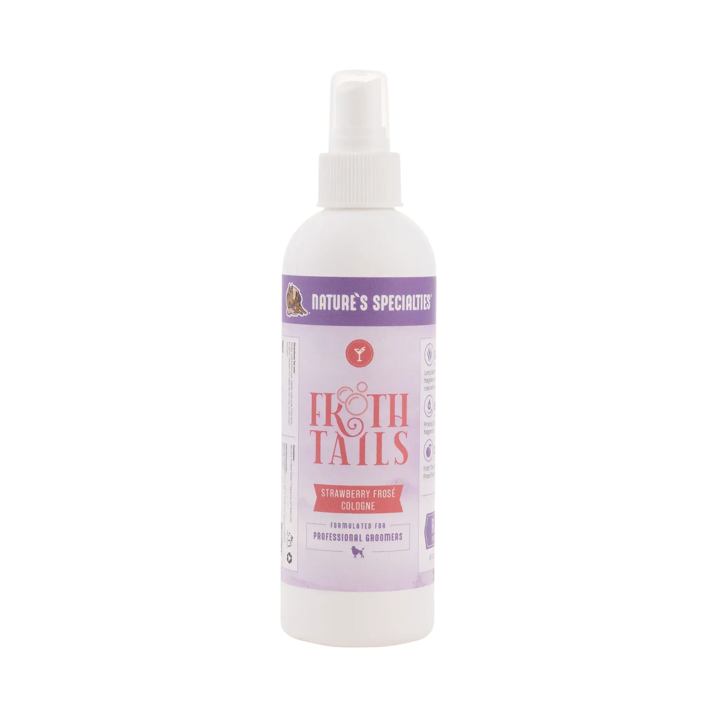 Strawberry frose cologne bottle with white pump sprayer and Froth Tails front label