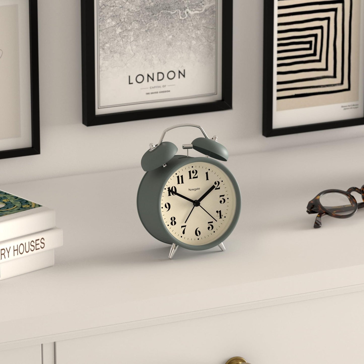 Asparagus green Newgate theatre alarm clock on tabletop, twin bells, cream face