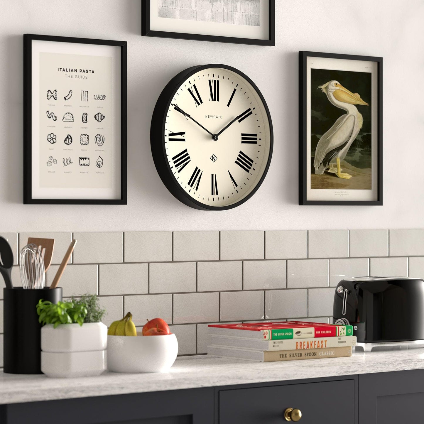Newgate Number Three wall clock with black rim and cream face, Roman numerals