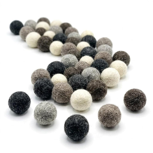 2.2 cm handmade wool felt balls in dark gray, light gray, and cream tones