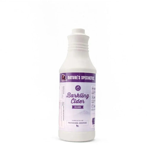 Cider cologne bottle with purple label and white cap