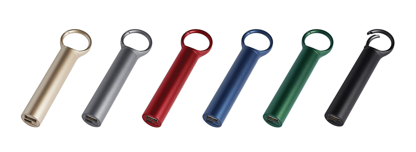 Power bank keychain in assorted colors, metal loop and charging port ends