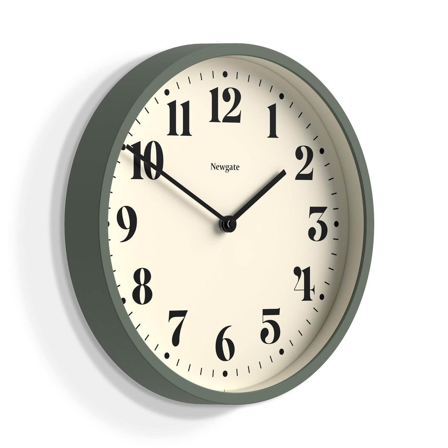 Matte asparagus green wall clock, cream dial with black roman numerals and hands