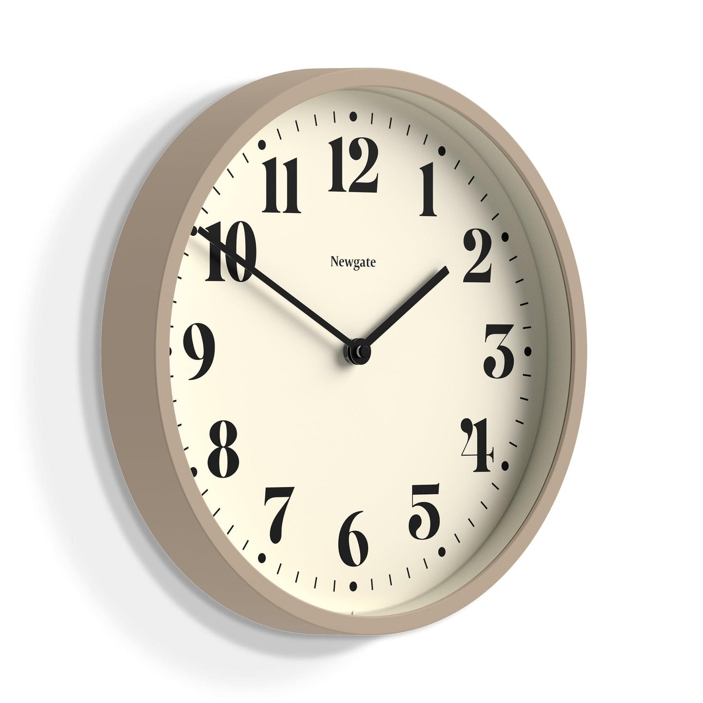 Matte stone wall clock angled view; cream face with black numerals and black hands