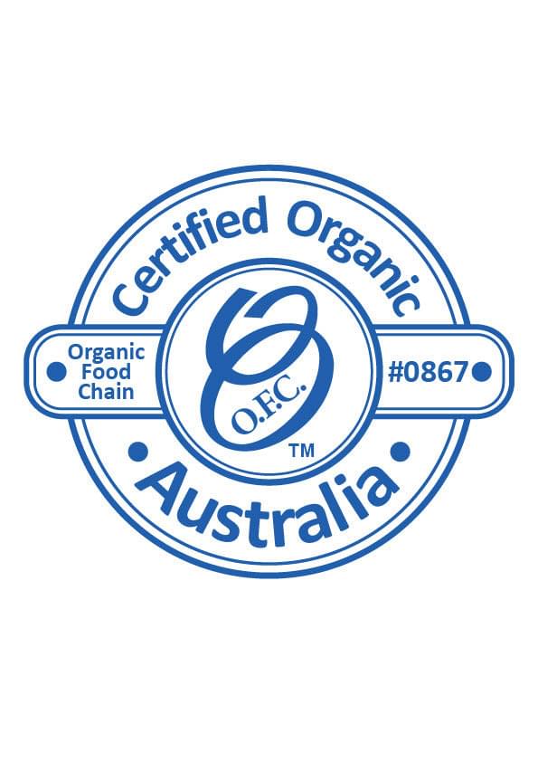 Certified Organic Australia badge, Organic Food Chain logo with #0867A