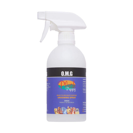 Pet grooming spray bottle with trigger sprayer, white with blue OMG label