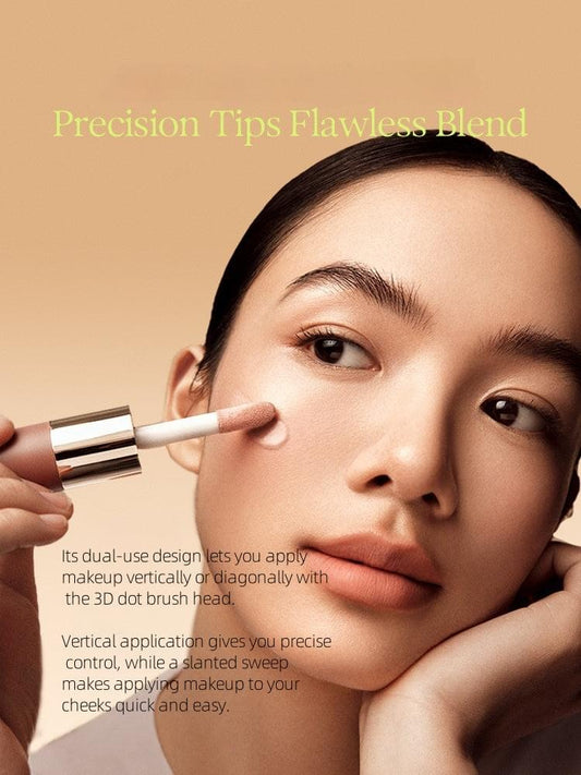 OUT OF OFFICE Lumeglow liquid blush being applied with brush to the cheek, pale pink