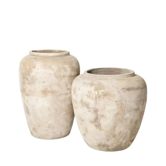 Set of two stone-textured planter jars, rounded with off-white speckled finish.
