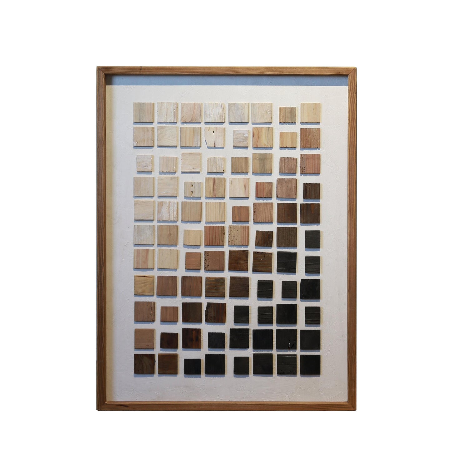 Square wall art with wooden frame and light-to-dark multicolor square collage grid