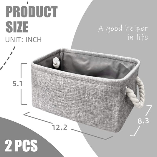 Grey fabric storage basket box with rope handles, open interior