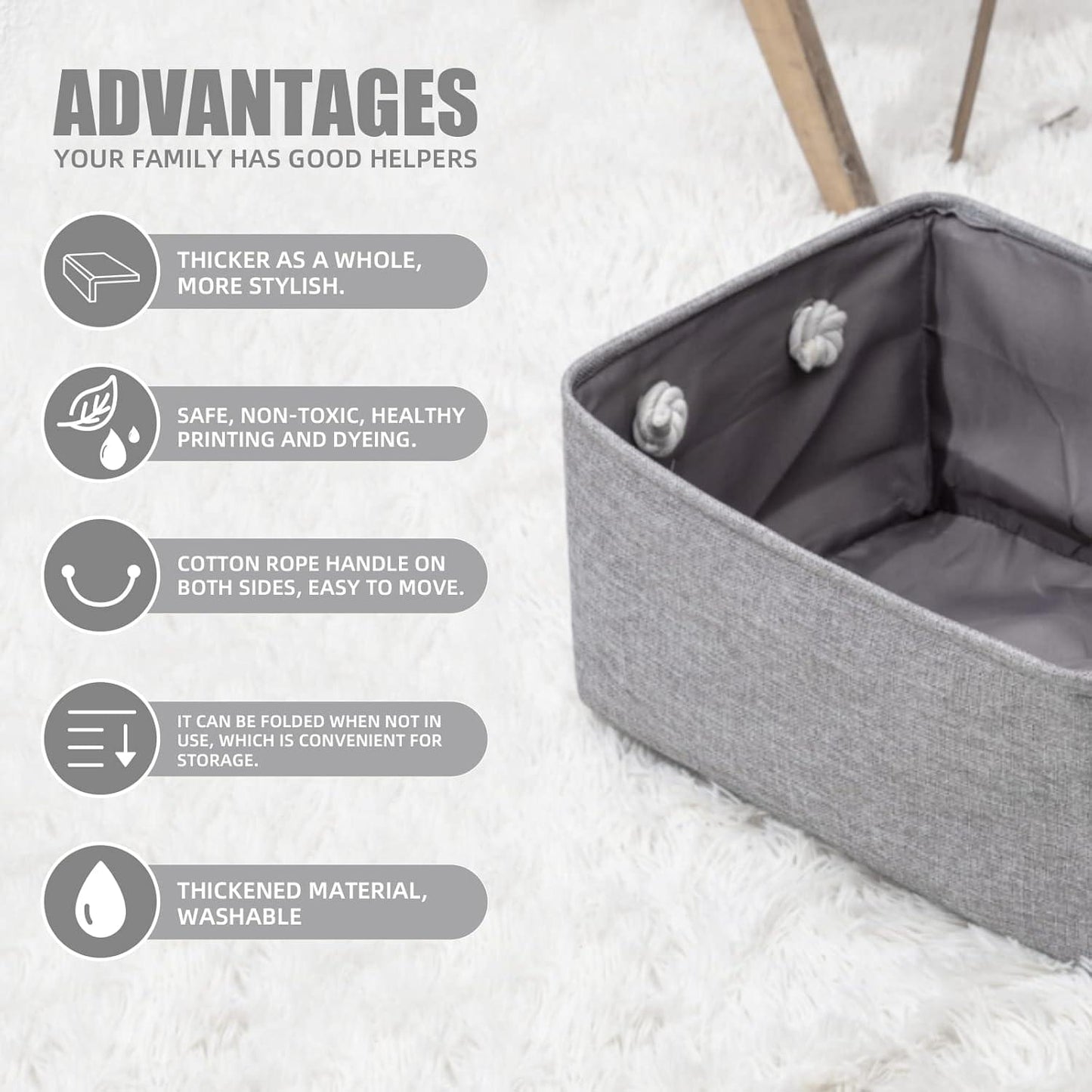 Grey fabric storage basket with rope handle and open top, for shelf organizing