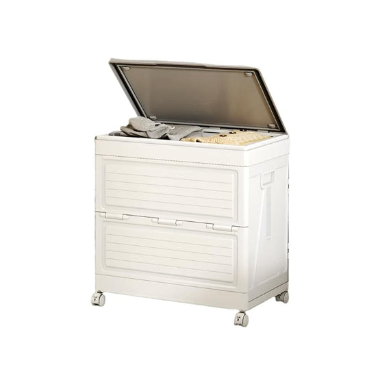White foldable storage box with hinged lid and wheels, open showing inner storage