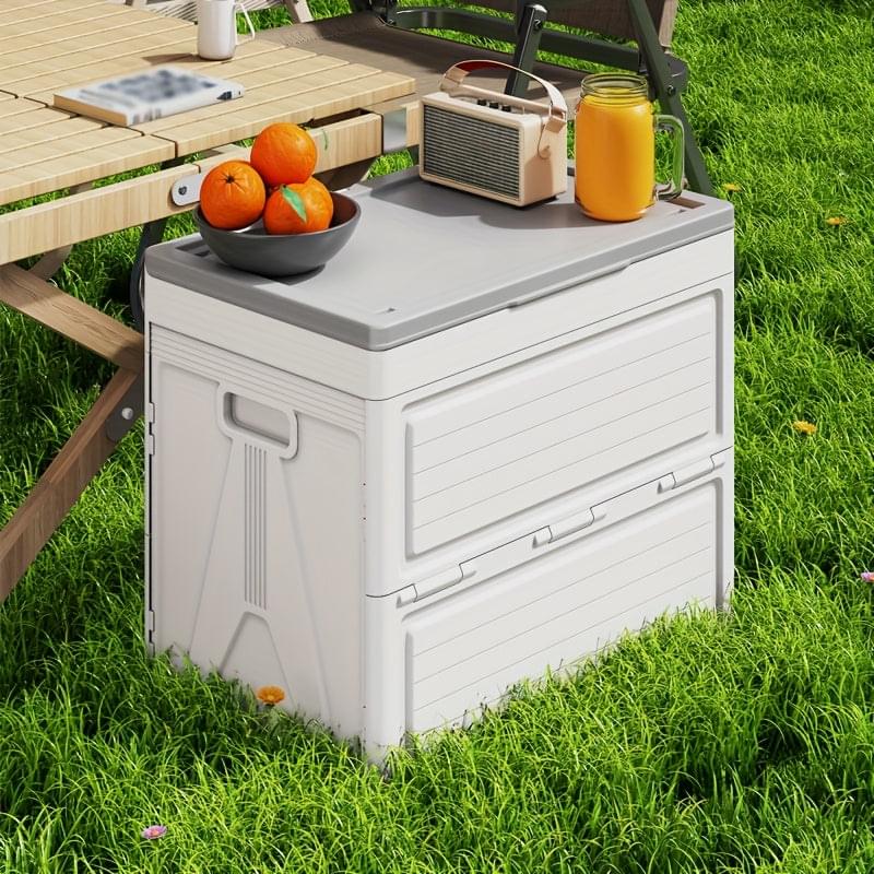 White foldable storage box with wheels, closed hinged lid and front access panels