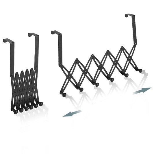 Black expandable over-door coat rack with six hangers in a fan layout