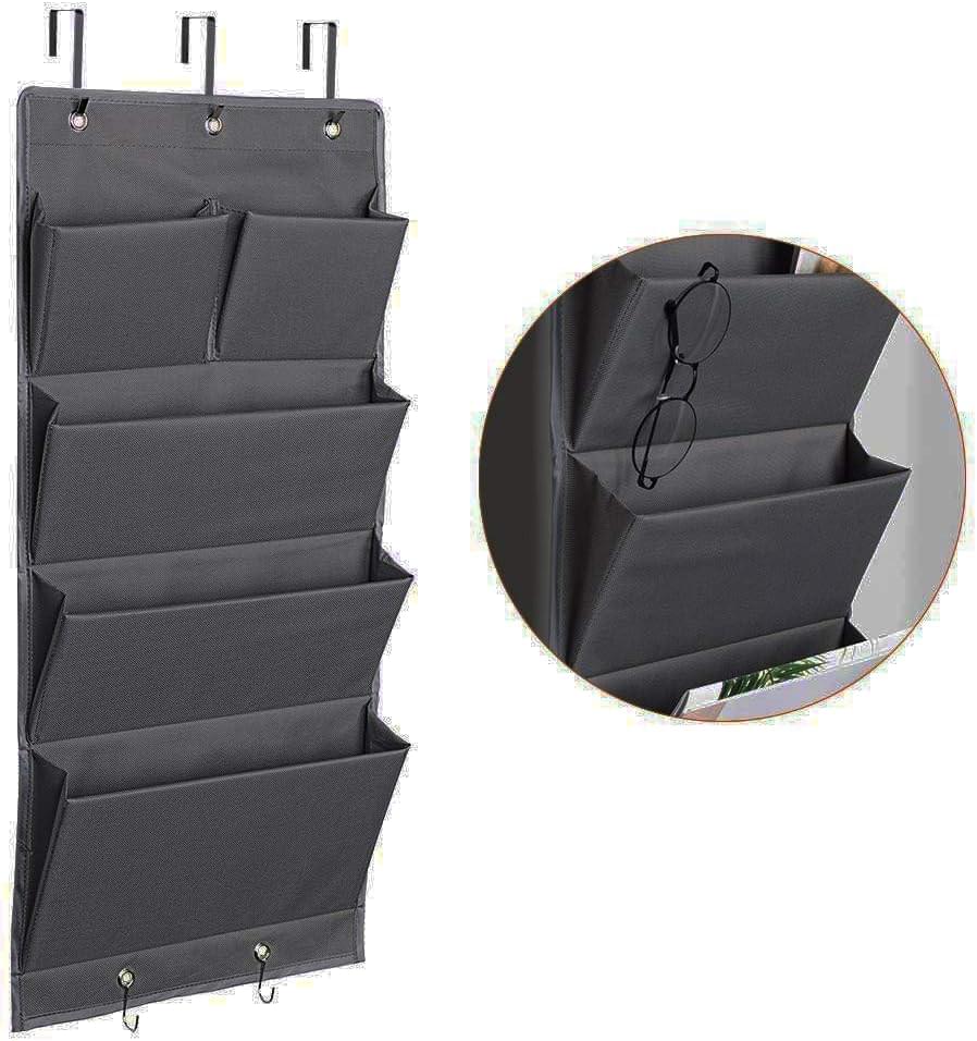 Grey over-door hanging organizer bag with five pockets and interior hanging loop