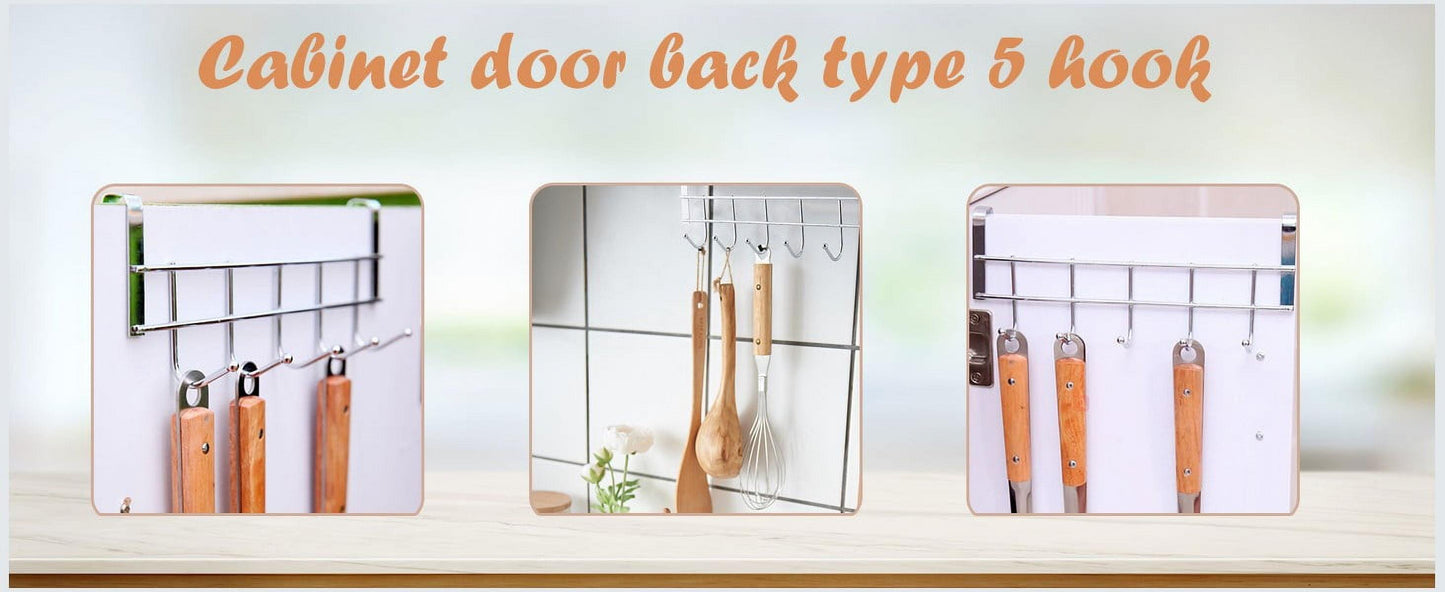 Over-the-door towel rack with 5 hooks shown on cabinet door back, silver