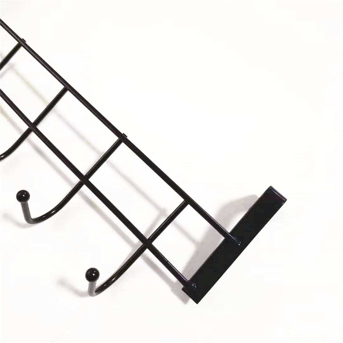 Black over-the-door hook rack close-up of five hooks and bar frame