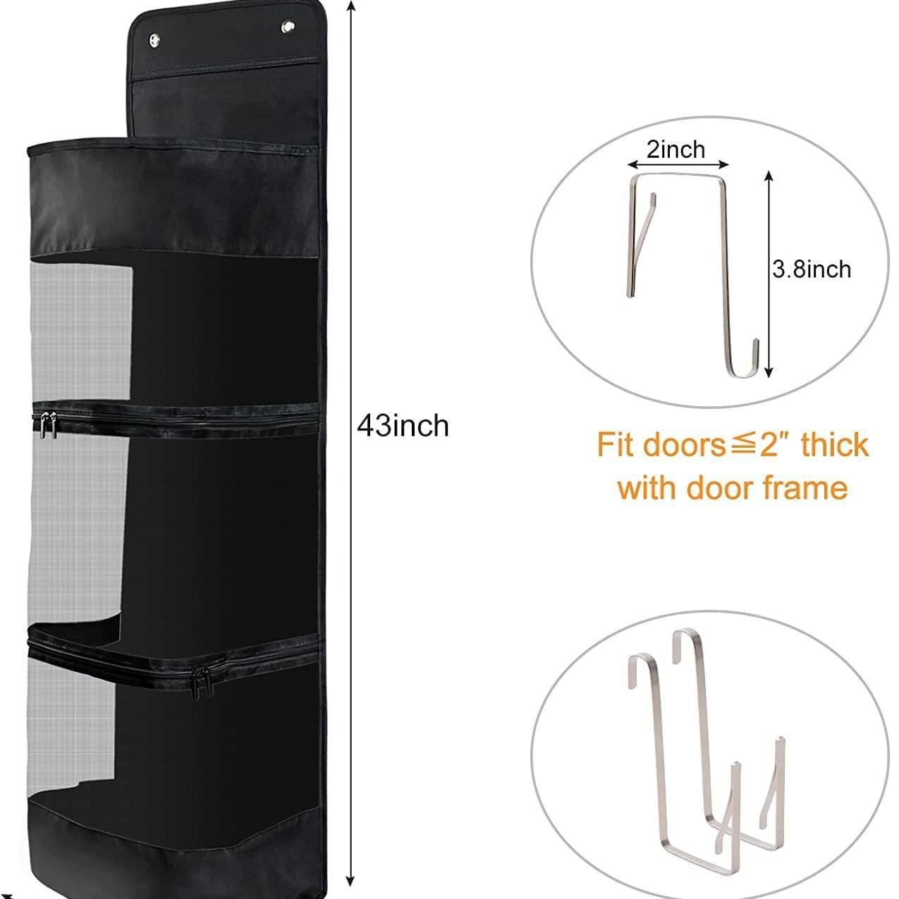 Black over-the-door storage bag with three compartments and hanging straps; 43 in