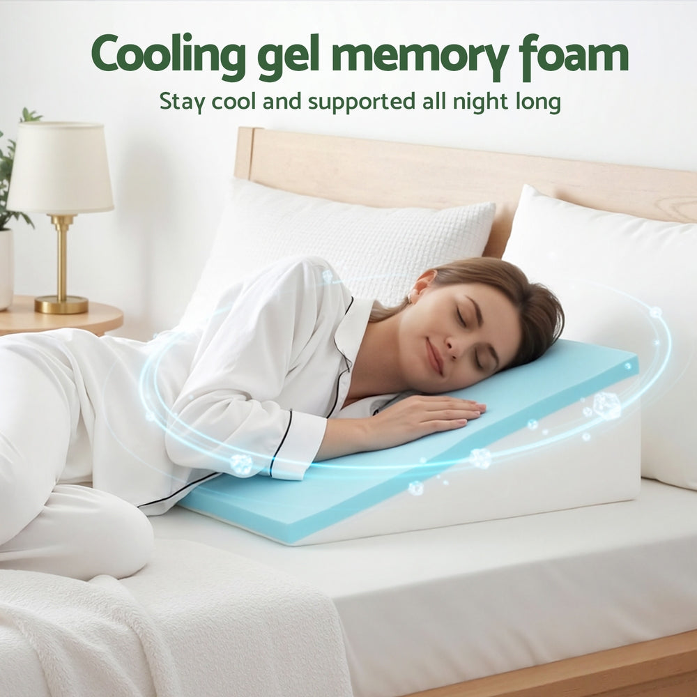 Cooling gel memory foam wedge pillow with light blue top under sleeping person