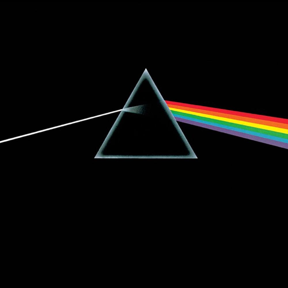 Vinyl album cover with dark triangular prism and rainbow stripe