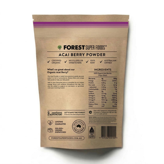 Back of acai powder kraft pouch with nutrition panel and barcode label.