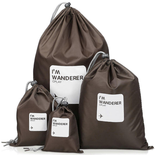 Brown drawstring travel storage bags with hang tags, set of 4 organizers