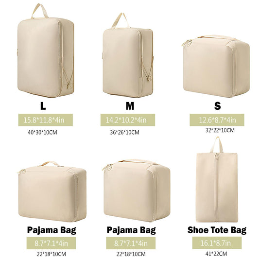 Beige packing cubes set: three zippered organizers in S, M, L sizes