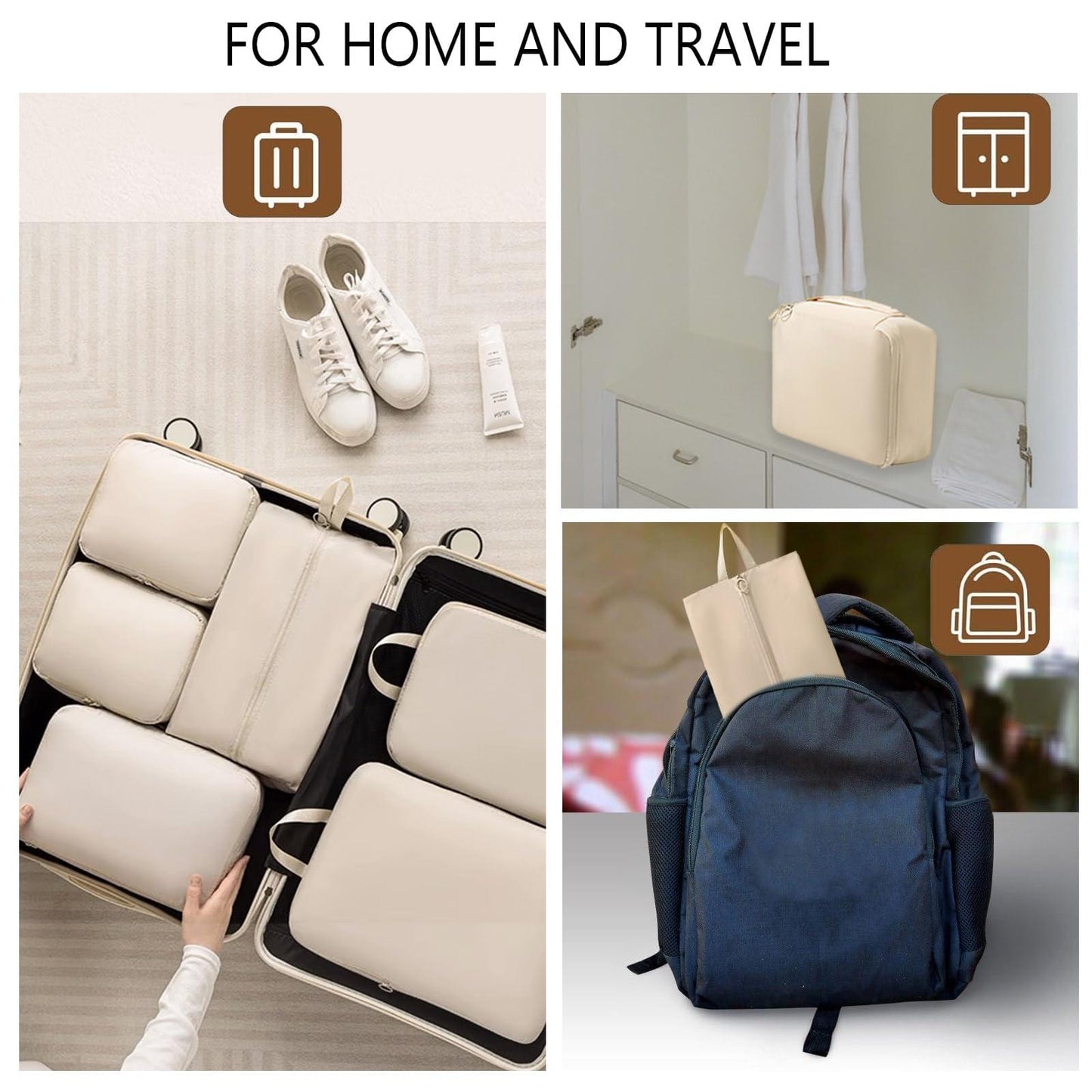 Beige packing cubes and organizer bags with zipper closures for travel